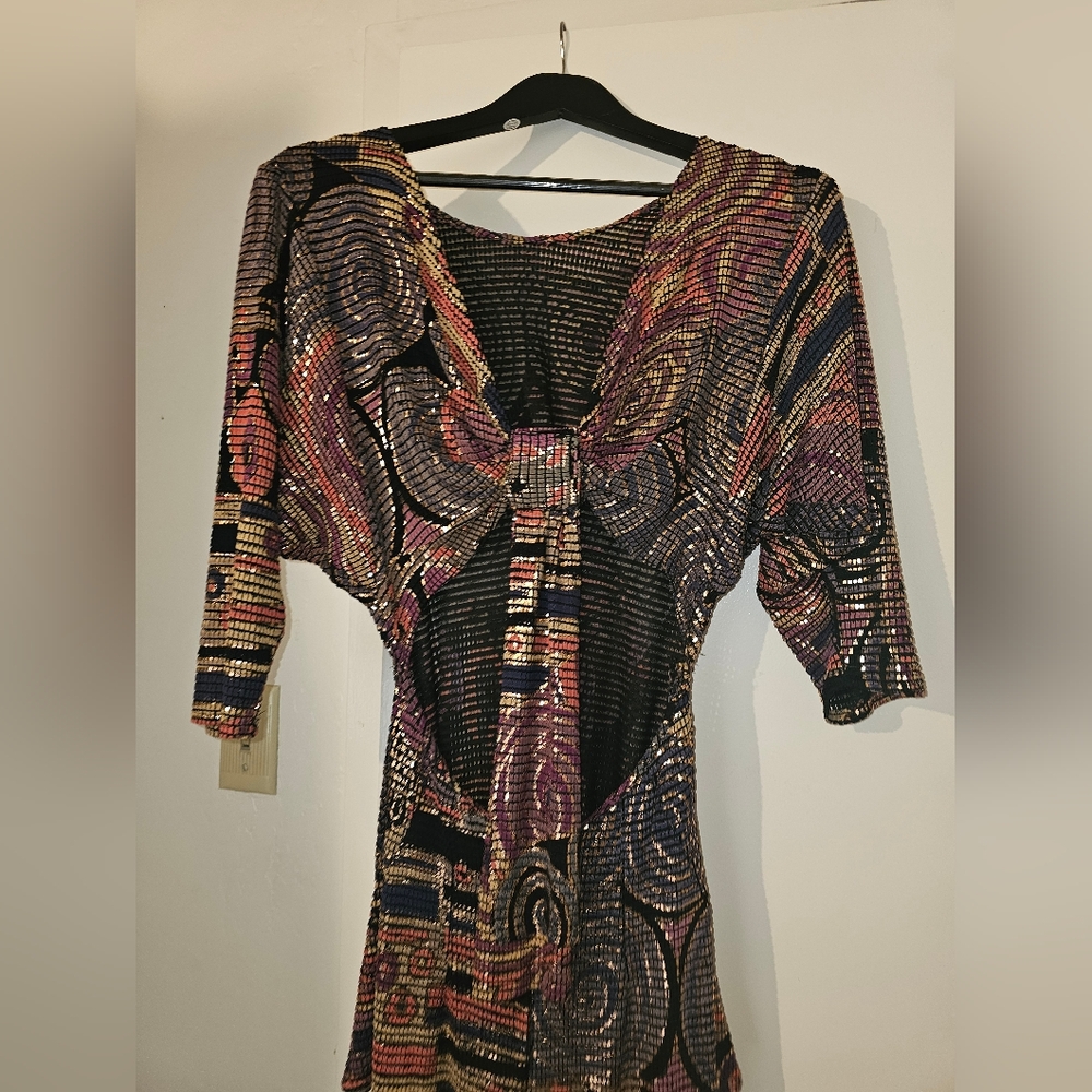 VINTAGE 1980's Janine Hand Painted Metallic Mosaic Runway Dress ITALY S - Picture 6 of 11